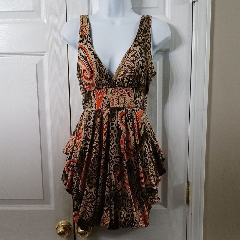K-Lady cheetah paisley print balloon bottom sleeveless dress Sz S